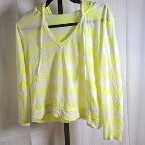 Hannah Sport Neon Yellow Striped Hoodie Active Pullover Long Sleeve VNeck Casual
